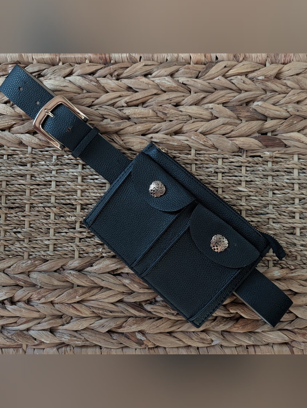 Black Belt Bag with Decorative Gold Buttons
